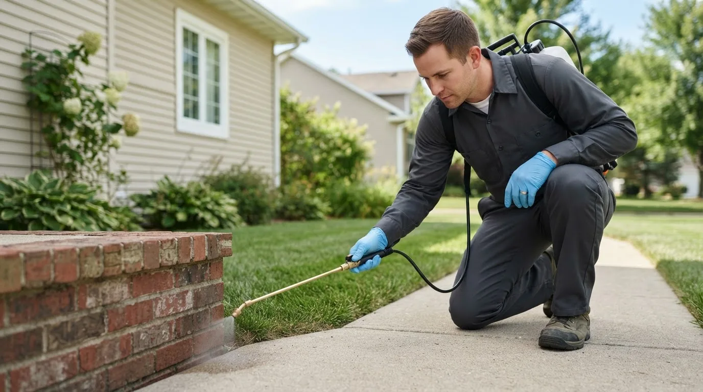 Pest control technician treating a home near Simsbury, CT