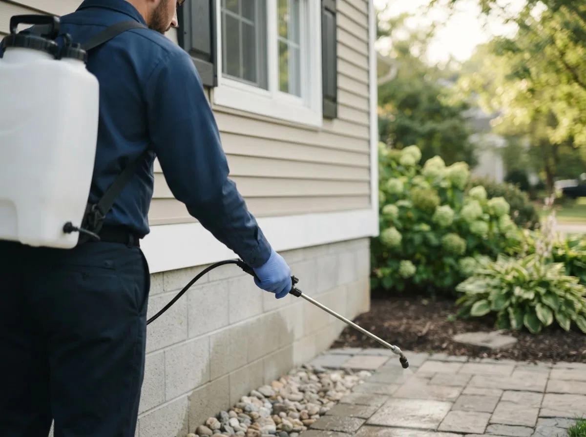 Pest control technician inspecting a home in Simsbury, CT